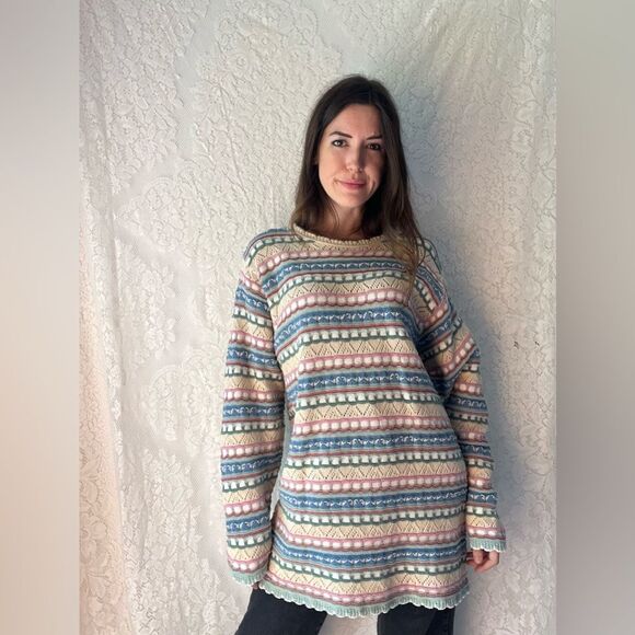 Vintage Pastel Multi-Patterned Knit Crossings Jumper Sweater – 100% Cotton - Picture 10 of 13
